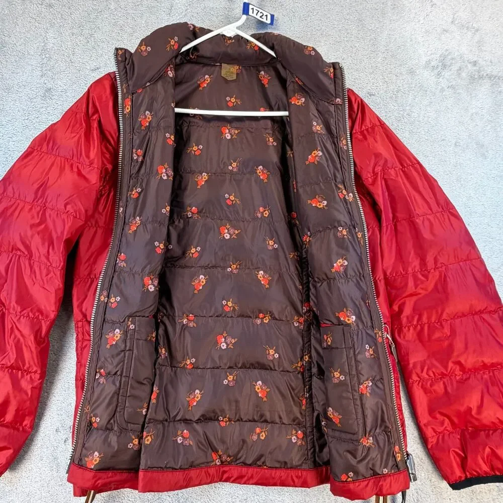 Coach Reversible Puffer Jacket Women S Stowaway Hood Red Brown Floral MSRP $500